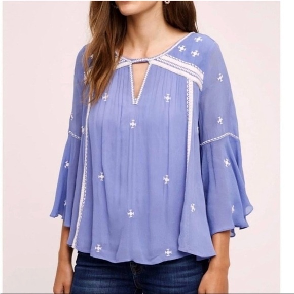 Anthropologie Floret Adena Women's Blue Embroidered Top size 2 - Picture 1 of 12